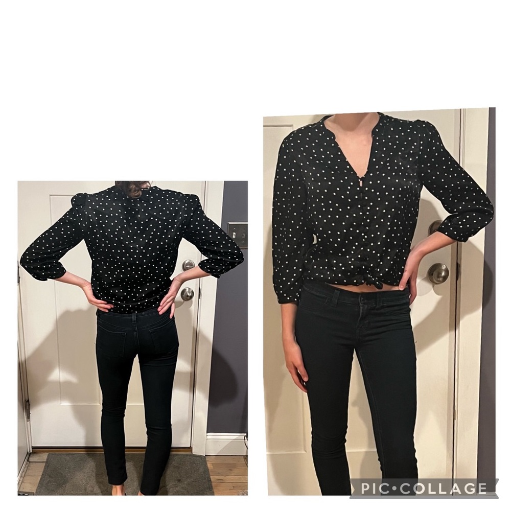 Elodie black and white polka dot tie shirt, size S